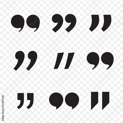 Quote mark black icon set isolated on transparent background. Quotation sign. Quotes symbol