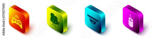 Set Isometric Wireless gamepad, Retro cinema camera, Motion sensor and Computer mouse icon. Vector.