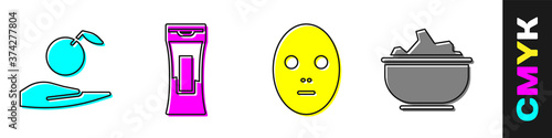 Set Apple in hand, Bottle of shampoo, Facial cosmetic mask and Sea salt in a bowl icon. Vector.