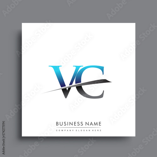 initial letter VC logotype company name colored blue and green swoosh design.