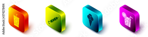 Set Isometric Paper glass with straw, Grilled shish kebab, Ice cream in waffle cone and Cocktail icon. Vector.