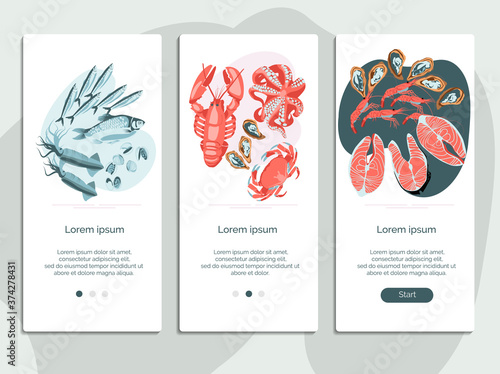 Seafood onboarding mobile app page screen set. Fish market, shop, seafood restaurant, website, landing page design. Online order and delivery concept cartoon vector illustration