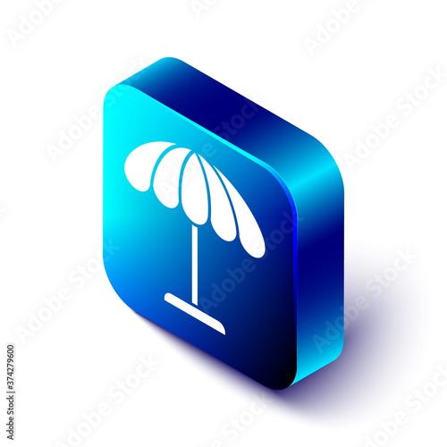 Isometric Sun protective umbrella for beach icon isolated on white background. Large parasol for outdoor space. Beach umbrella. Blue square button. Vector Illustration.