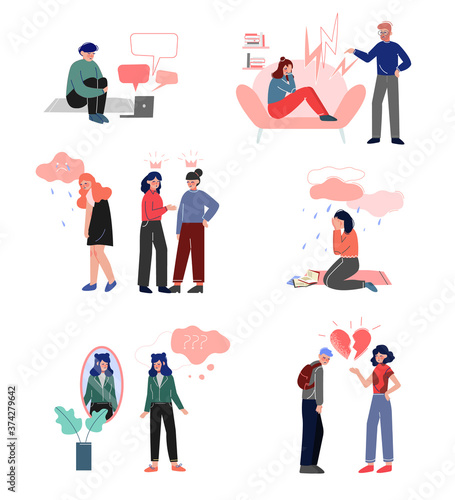 Depressed Teenagers Set, Cyber Bullying, Conflict with Parents, Depression, Unrequited Love, Teenage Puberty Problems Concept Vector Illustration
