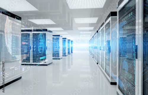 Servers data center room with storage systems and digital graphs and charts 3D rendering photo