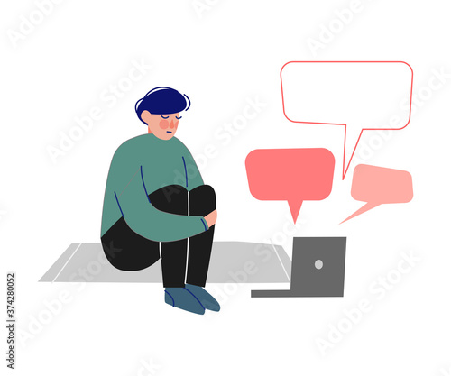 Depressed Teen Boy Sitting on Floor with Laptop with Message Bubbles, Cyber Bullying, Teenage Puberty Problems Concept Vector Illustration