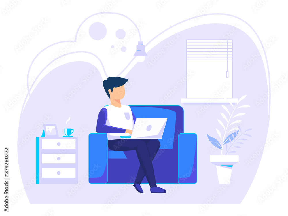 Home office concept, man working from home, student or freelancer. vector illustration in flat style. Home office concept, man working from home, student or freelancer. vector illustration in flat style.