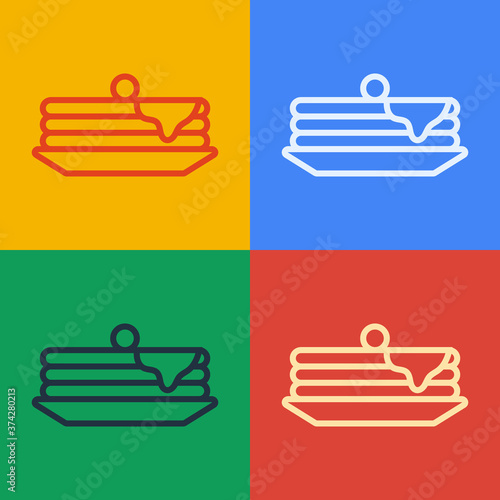 Pop art line Stack of pancakes icon isolated on color background. Baking with syrup and cherry. Breakfast concept. Vector Illustration.