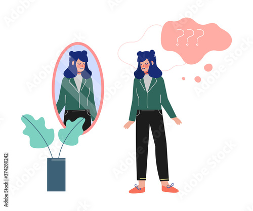 Depressed Teen Girl Looking at the Mirror, Teenage Puberty Problems Concept Vector Illustration