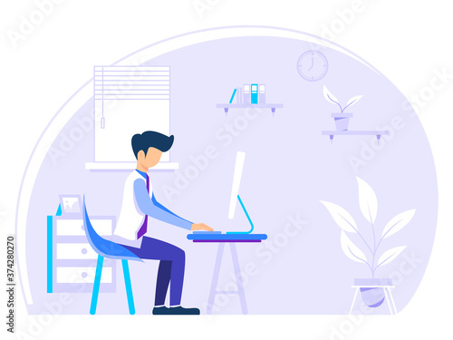 Home office concept  man working from home  student or freelancer. vector illustration in flat style.