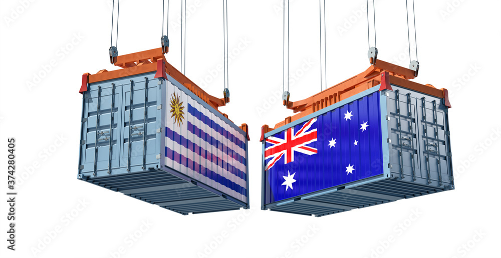 Freight containers with Uruguay and Australia national flags. 3D Rendering 