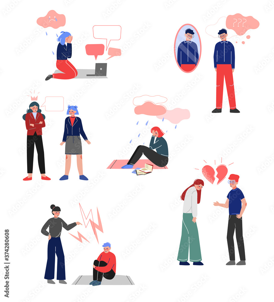Depressed Teenagers Set, Bullying, Conflict with Parents, Depression, Unrequited Love, Teenage Puberty Problems Concept Vector Illustration