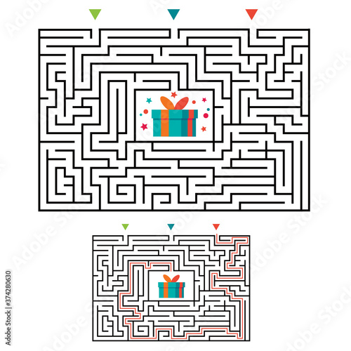 Rectangular maze labyrinth game for kids. Labyrinth logic conundrum. Three entrance and one right way to go. Vector flat illustration isolated on white background.