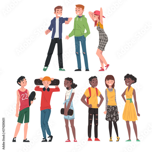 Happy Teenagers Set, Cheerful Teen Boy and Gilrs Wearing Fashionable Clothes, Happy Students, Classmates or Friends Positive Characters Cartoon Style Vector Illustration