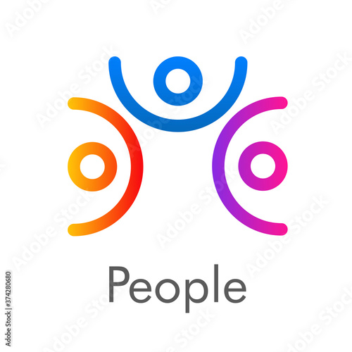 Concepto trabajo en equipo. Logotipo lineal abstracto grupo de 3 personas con curvas y círculos en varios colores y palabra people