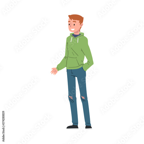 Smiling Teenage Boy Wearing Sweatshirt and Ripped Jeans, Schoolboy, Student, Classmate or Friend Positive Character Cartoon Style Vector Illustration