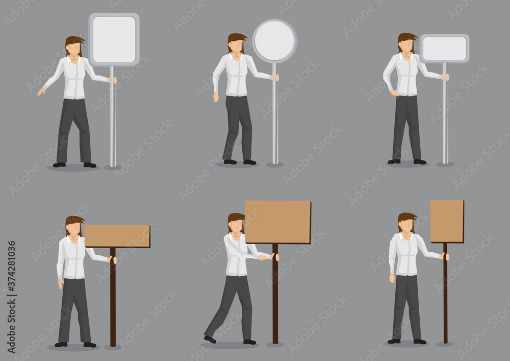 Cartoon Woman with Sign Posts Vector Character Illustration Cartoon Woman with Sign Posts Vector Character Illustration