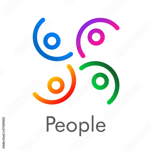 Concepto trabajo en equipo. Logotipo lineal abstracto grupo de 4 personas con curvas y círculos en varios colores y palabra people