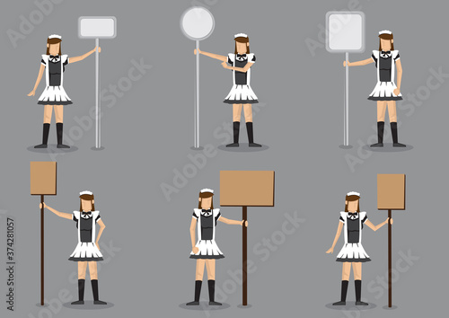 French Maid Cartoon Character with Placard Vector Illustration