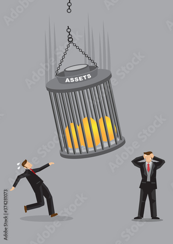 Businessmen running away from the fallen assets including golden eggs. Concept of crisis or bankruptcy problem.