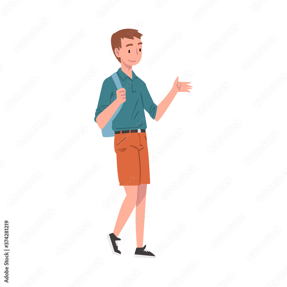 Smiling Teenage Boy Walking with Backpack, Cheerful Schoolboy, Student, Classmate or Friend Character Cartoon Style Vector Illustration