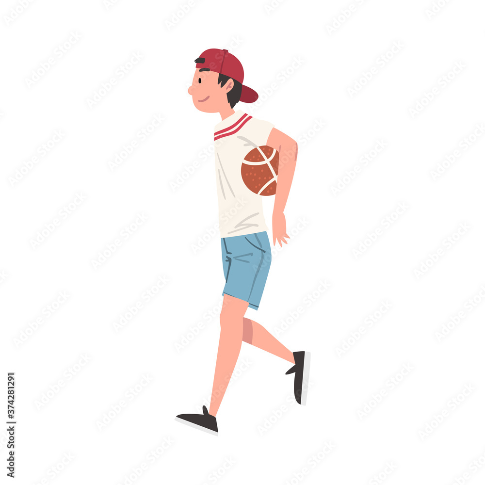 Smiling Teenage Boy Walking with Ball, Happy Schoolboy, Student, Classmate or Friend Character Cartoon Style Vector Illustration Smiling Teenage Boy Walking with Ball, Happy Schoolboy, Student, Classmate or Friend Character Cartoon Style Vector Illustration