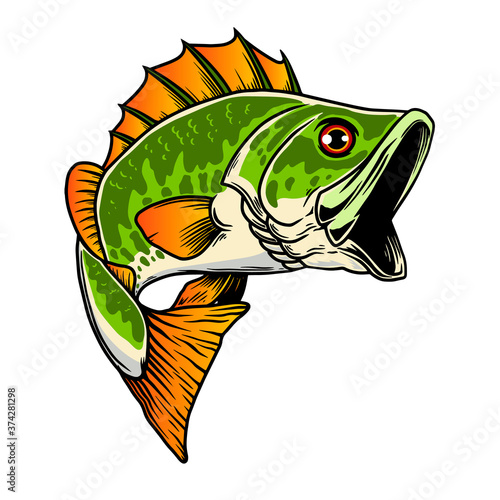 Illustration of bass fish. Big perch. Perch fishing. Design element for logo, emblem, sign, poster, card, banner. Vector illustration