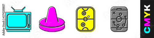 Set Retro tv, Mallet for playing air hockey, Air hockey table and Planning strategy icon. Vector.
