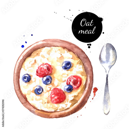 Watercolor hand drawn breakfast illustration of oatmeal. Vector painted sketch food isolated on white background