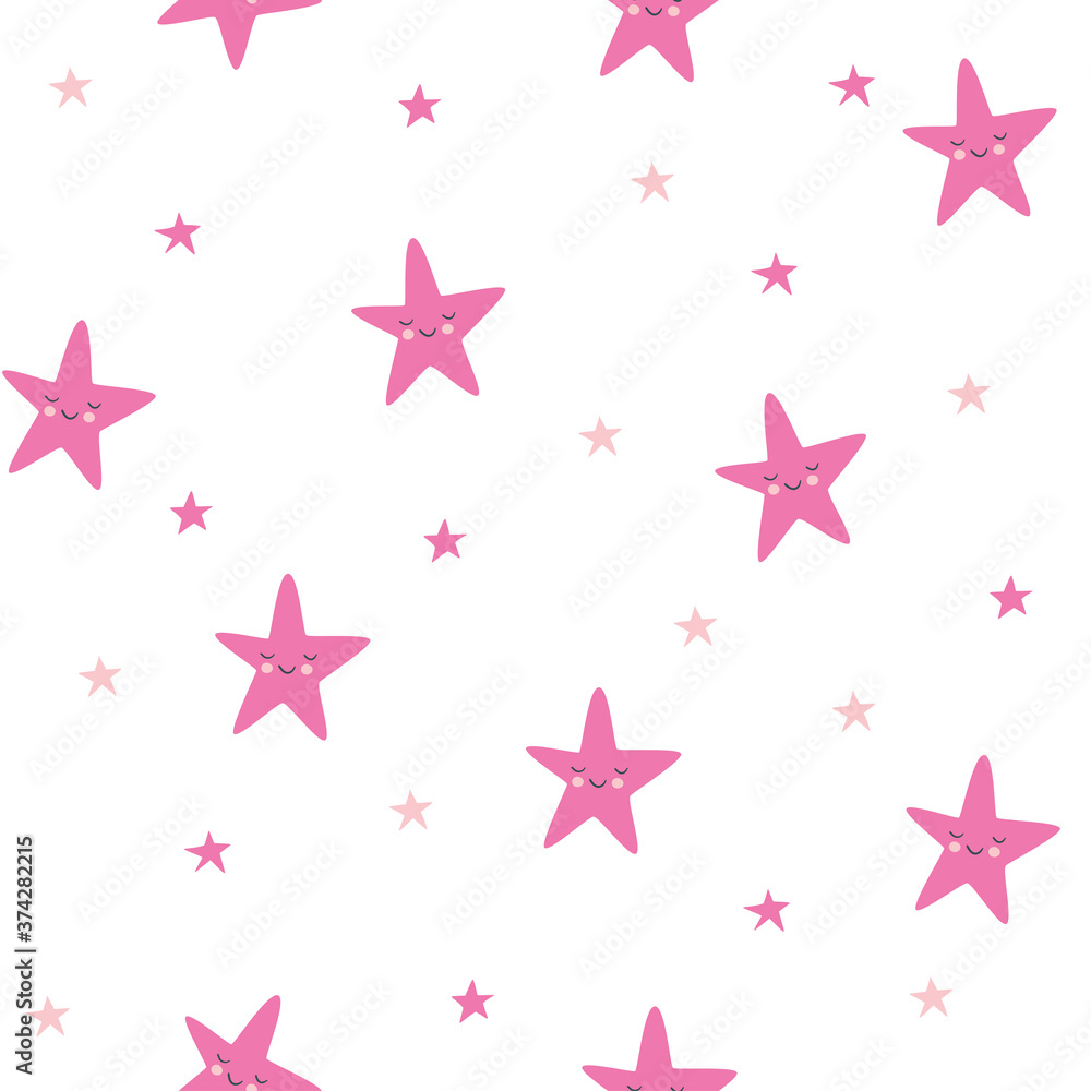 Children's seamless pattern with cute pink stars with faces. Vector flat illustrations. For Wallpaper, textiles, fabric, paper. Children's seamless pattern with cute pink stars with faces. Vector flat illustrations. For Wallpaper, textiles, fabric, paper.