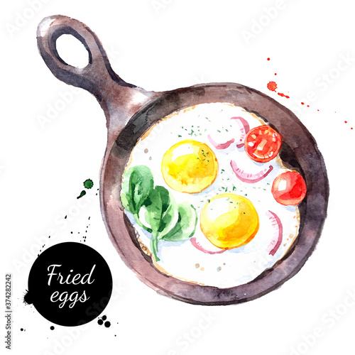 Watercolor hand drawn breakfast illustration of fried eggs. Vector painted sketch food isolated on white background