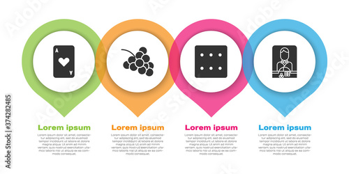 Set Playing card with heart, Casino slot machine with grape, Game dice and Casino dealer. Business infographic template. Vector.