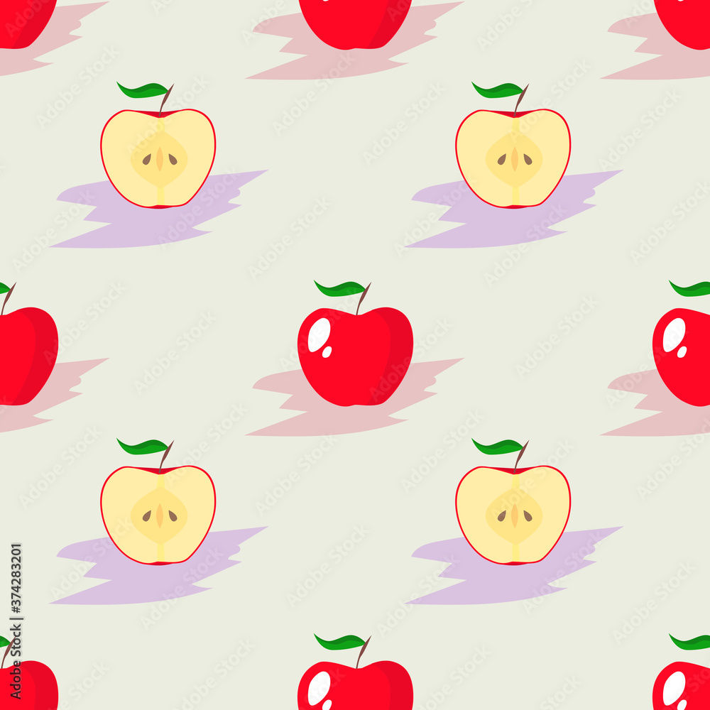 EPS 10 vector. Seamless pattern with a whole apple and a half made in simple flat style. EPS 10 vector. Seamless pattern with a whole apple and a half made in simple flat style.