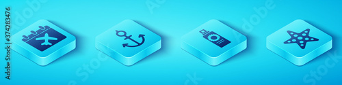 Set Isometric Calendar and airplane, Anchor, Starfish and Sunscreen spray bottle icon. Vector.