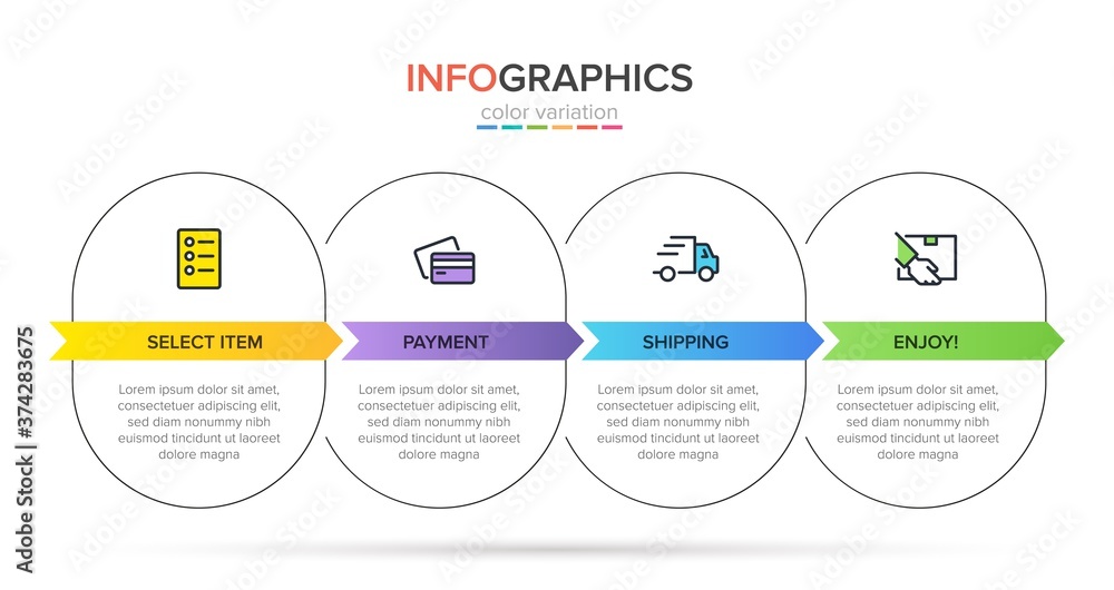 Concept of shopping process with 4 successive steps. Four colorful graphic elements. Timeline design for brochure, presentation, web site. Infographic design layout. Concept of shopping process with 4 successive steps. Four colorful graphic elements. Timeline design for brochure, presentation, web site. Infographic design layout.