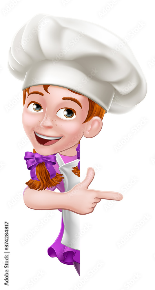 A kid cartoon girl chef, cook or baker child peeking around a sign and pointing at it A kid cartoon girl chef, cook or baker child peeking around a sign and pointing at it