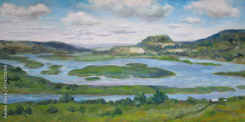 Naklejka premium Volga view in Samara, summer, oil painting