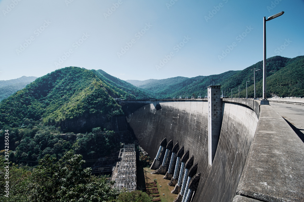 Fototapeta premium The electric energy from water. The Bhumibol Dam(formerly known as the Yanhi Dam) in Thailand. The dam is situated on the Ping River.