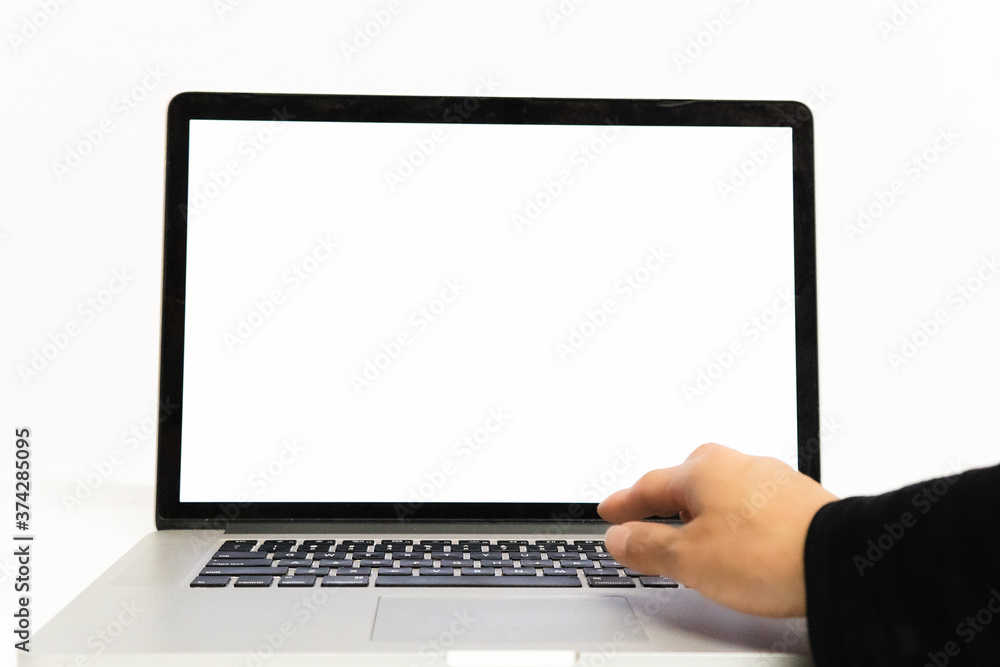 modern laptop isolated on white with copy space right hand typing modern laptop isolated on white with copy space right hand typing
