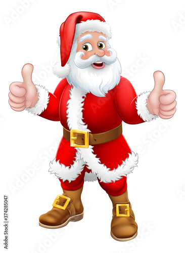 Santa Claus Christmas cartoon character standing giving a double thumbs up.