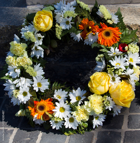 Beautiful colorful fresh floral wreaths for Anzac Day memorial celebrations 25th April in Bunbury ,Western Australia to honor and remember those who gave their lives in battles "lest we forget."