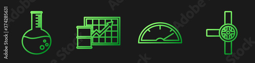 Set line Speedometer, Oil petrol test tube, Oil price increase and Industry pipes and valve. Gradient color icons. Vector.