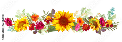 Horizontal autumn’s border: orange, yellow sunflowers, red asters, marigold (tagetes), gerbera daisy flowers, green twigs on white background. Illustration in watercolor style, panoramic view, vector