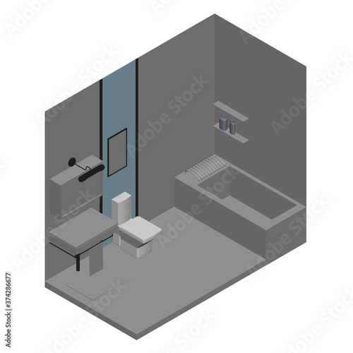 Low poly bathroom interior. Isometric view. 3D. Vector illustration