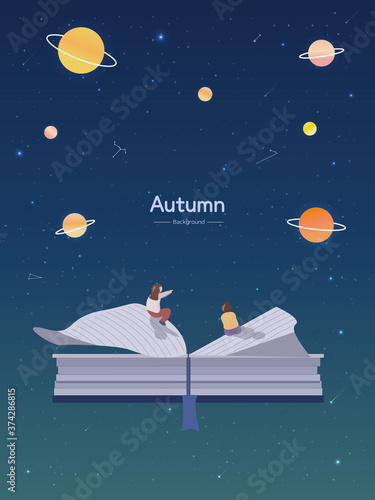 Autumn emotion illustration : Outer space and books

