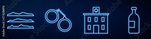 Set line Medical hospital building, Cocaine or heroin drug, Handcuffs and Alcohol drink bottle. Glowing neon icon on brick wall. Vector.