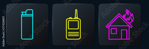 Set line Lighter, Fire in burning house and Walkie talkie. Black square button. Vector.