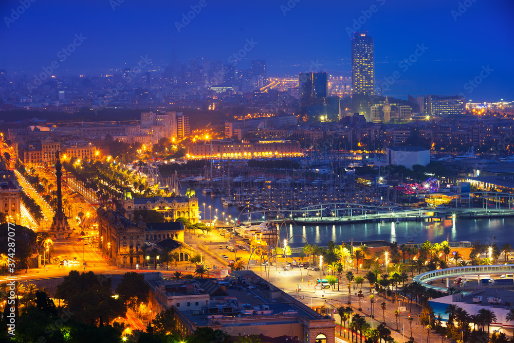 Port of Barcelona in night. Spain