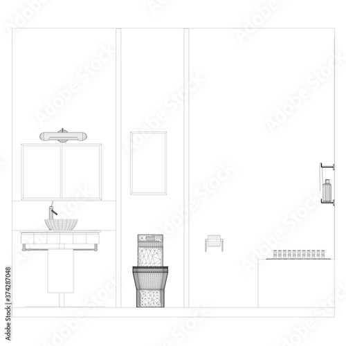 Wireframe bathroom interior from black lines on a white background. Front view. 3D. Vector illustration