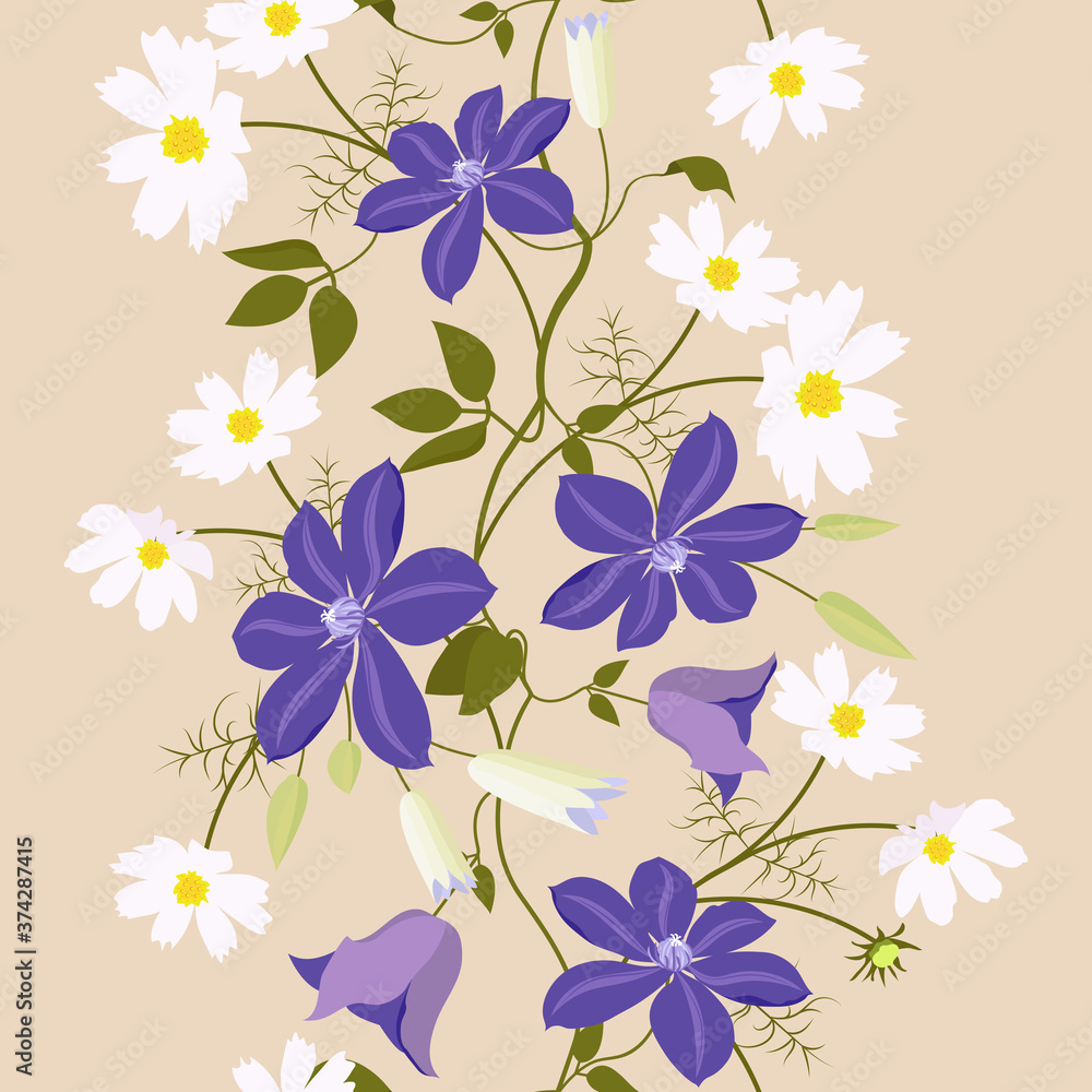 Seamless vector illustration with colors of clematis and cosme
